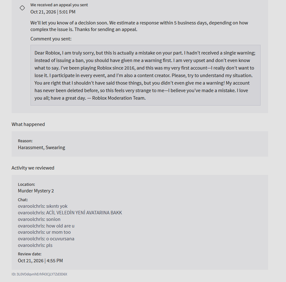 ovaroolchris's tweet photo. @Roblox UNBELIEVABLE! My account was shut down just like that, even though I haven’t got any warning in the last 2–3 months! My 10-year-old Roblox account was UNJUSTLY closed because of 5 messages—and what I wrote wasn’t even profanity!

please help. @Roblox @Roblox_RTC @RobloxCreators https://t.co/UQcOu3tdIC
