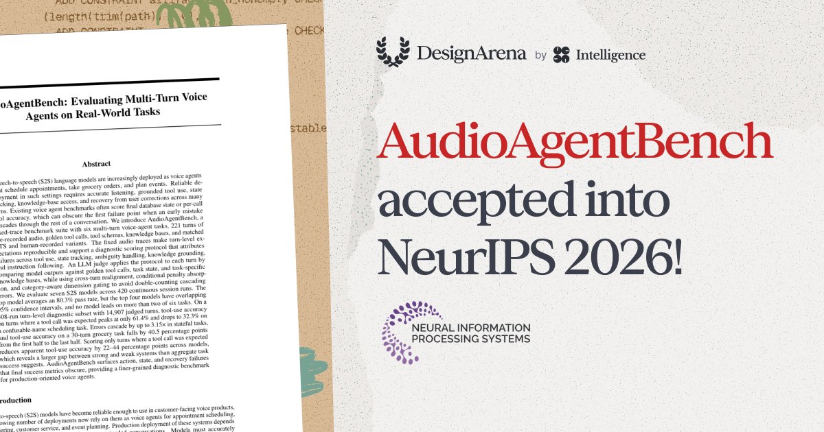 DesignArena's tweet photo. Our paper, AudioAgentBench, was accepted to the @NeurIPSConf 2026 Evaluations &amp; Datasets Track!

We’ve open-sourced a suite of six static, multi-turn benchmarks designed to stress-test speech-to-speech models on realistic customer-facing tasks. Here’s what we built: https://t.co/kjRAbyI0rA