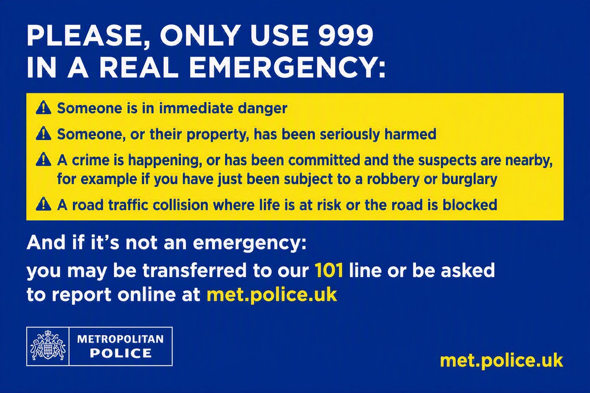 MetCC's tweet photo. Help those who need our help by only using 999 in an emergency. If you dial 999 and it's not an emergency, you may be transferred to our non-emergency line or be asked to report online at https://t.co/UoZ9I3hPnu or via Live Chat: https://t.co/3UKjmbV82z

#ThinkBeforeYouDial https://t.co/kvTA0VkL9X