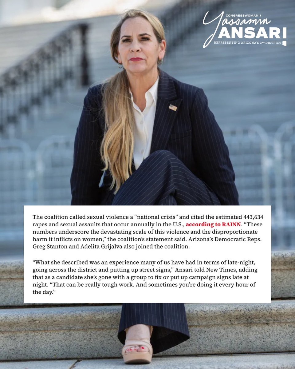 RepYassAnsari's tweet photo. Proud to lead my colleagues in the @DemWomenCaucus, alongside @Rep_Grijalva and @RepGregStanton in condemning in the absolute strongest terms the grotesque attack and rape committed against Bernadette Greene-Placentia.

No candidate for office should ever have to fear for their safety because they chose to participate in our democracy.