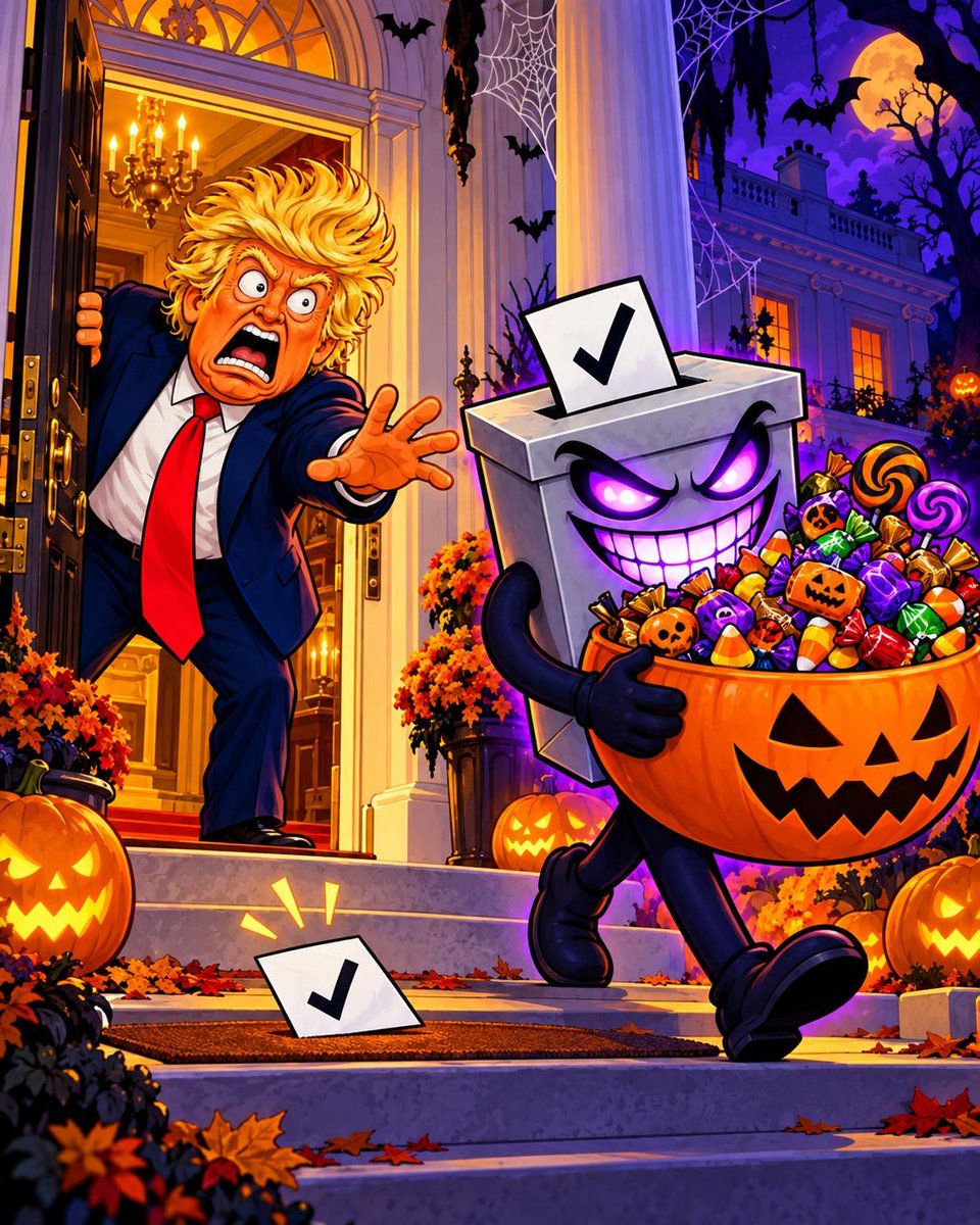 TrumpNightmar3's tweet photo. @AlphaCryptoGems 👀 Look! Donnie’s coming!
Trick or treat? 🎃
Boo-Llot: “We’re not giving you any more treats, Donald.” 👻
Midterms in 2 weeks. Launch Nov 3. 🚀
@TrumpNightmar3 https://t.co/XMy1kkc16o