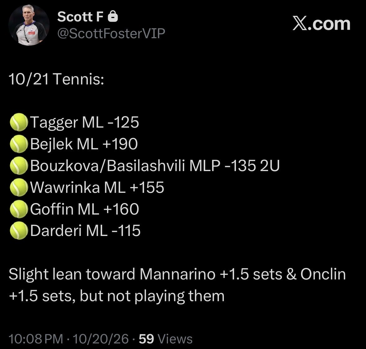 ScottFosterLock's tweet photo. 10/21 Tennis:

🎾Tagger ML -125✅
🎾Bejlek ML +190✅
🎾Bouzkova/Basilashvili MLP -135 2U✅
🎾Wawrinka ML +155✅
🎾Goffin ML +160✅
🎾Darderi ML❌

4-1 (+6.9U)💵

Huge tennis day including +155, +160, and +190 ML winners. 

Lean on Mannarino +1.5 Sets also cashed outright at +290. https://t.co/bdHrtnYRq2