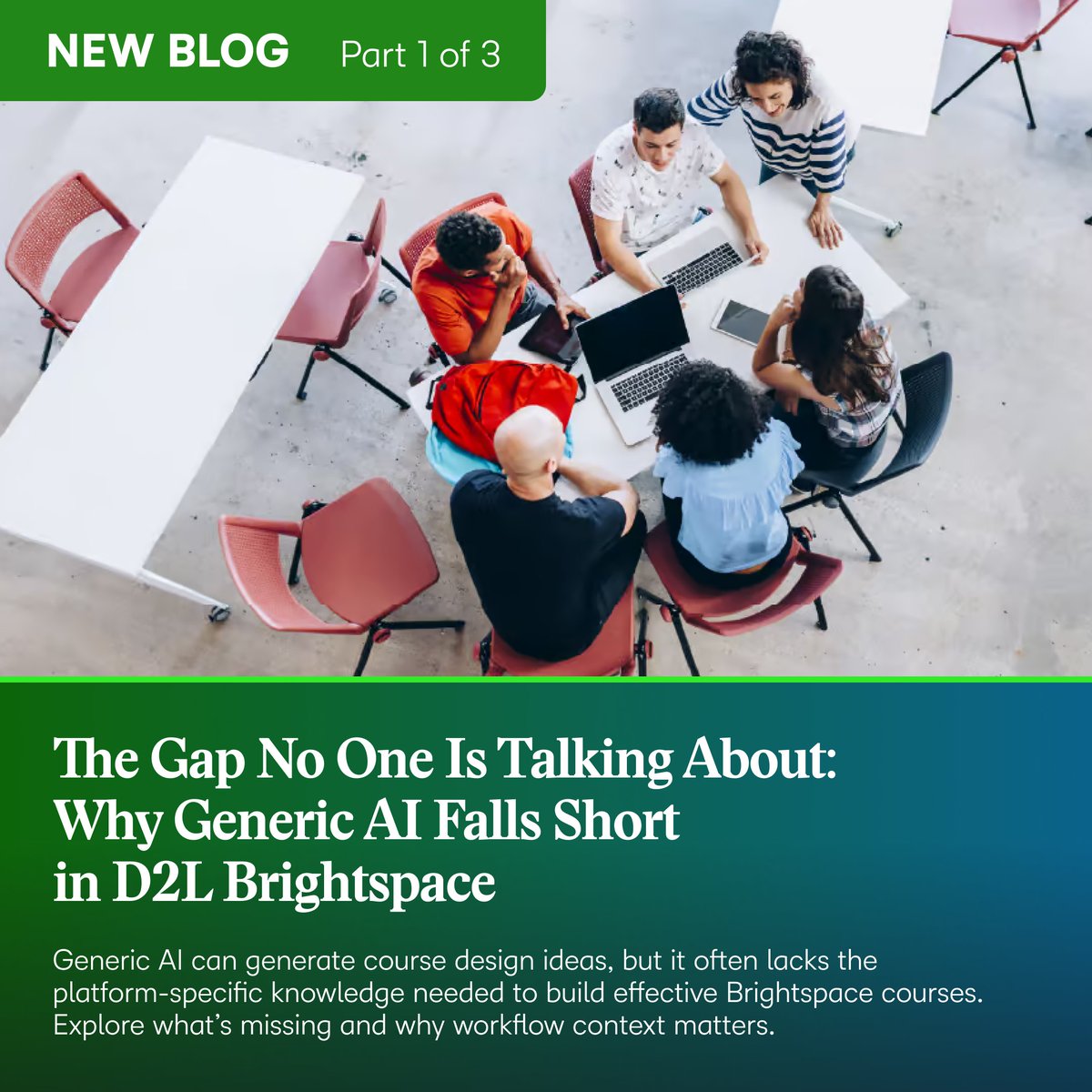 D2L's tweet photo. What happens after AI generates the content?

In Part 1 of our guest blog series, Kumar Chandrasekhar, PhD, explores why context matters when turning AI-generated course design ideas into practical D2L Brightspace workflows.

Read Part 1 of the series: https://t.co/FsvZcYvUSF https://t.co/m3kuUmOLEA