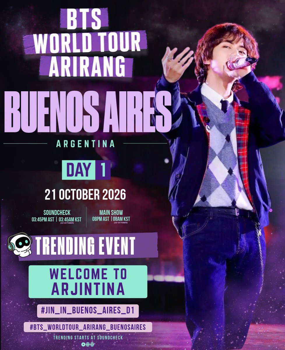 SEOKJINFR's tweet photo. 🔔| Let’s make Jin trend loud and strong on the first day of the BTS ‘ARIRANG’ WORLD TOUR in Argentina! 🇦🇷

Retweet and reply for ArJINtina!!

WELCOME TO ARJINTINA 
#JIN_IN_BUENOS_AIRES_D1 
#BTS_WORLDTOUR_ARIRANG_BUENOSAIRES https://t.co/8t2aU5opM6