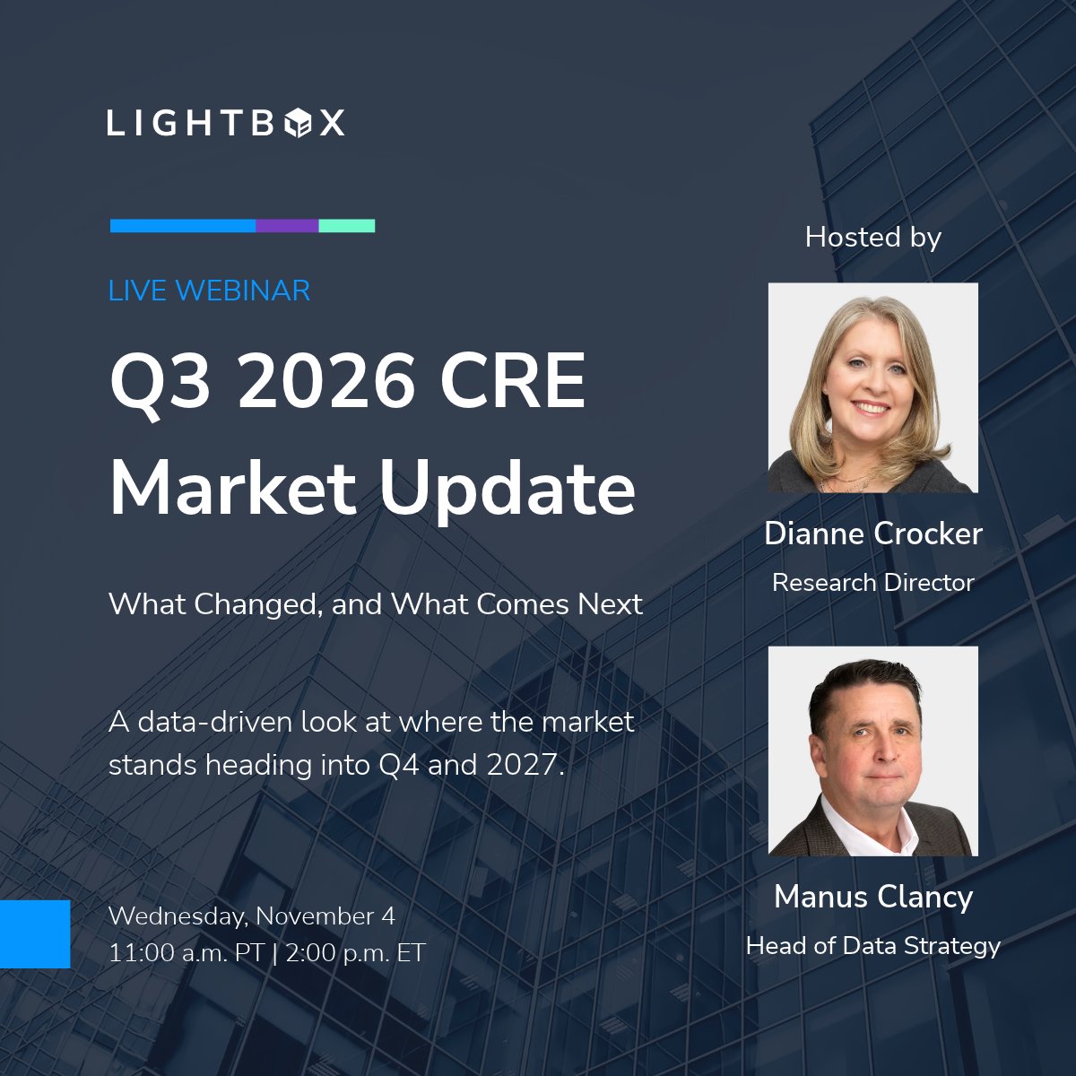 LightBoxRE's tweet photo. 2026 hasn't unfolded the way many expected. Higher rates, renewed inflation pressures, and uneven property performance have reshaped the CRE outlook. But where are opportunities emerging?

Join LightBox's Dianne Crocker and Manus Clancy on November 4 at 2:00 p.m. ET for our Q3 2026 CRE Market Update and 2027 Outlook.

Using exclusive LightBox data, they'll explore transaction trends, the year's biggest deals, who's buying and lending, the pricing reset, and where investment activity is gaining momentum.

Get an early read on where CRE is headed, and what it could mean for your business in 2027.

Register Now: https://t.co/Aca8NkCGQt

@dpcrocker @CommercialRecap @LightBoxRE
#CommercialRealEstate #CREMarketUpdate #CREInsights