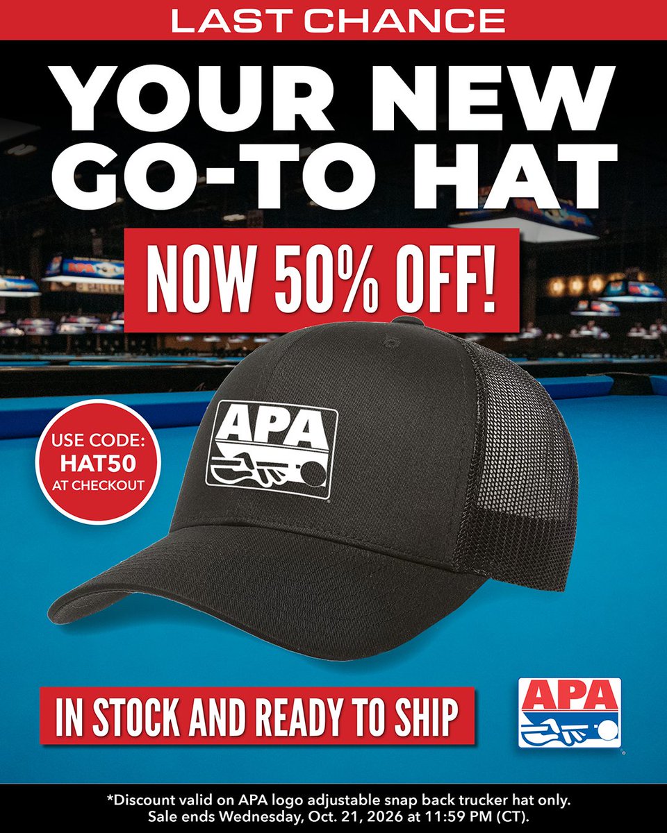 poolplayers's tweet photo. 🚨 LAST CHANCE, POOLPLAYERS! 🚨

Today's your final day to save 50% OFF our APA Logo Trucker Hat! 🎱 #apapool #billiards #poolplayer

🛒 https://t.co/fBrBRh8j0d https://t.co/5StfRvBTN8