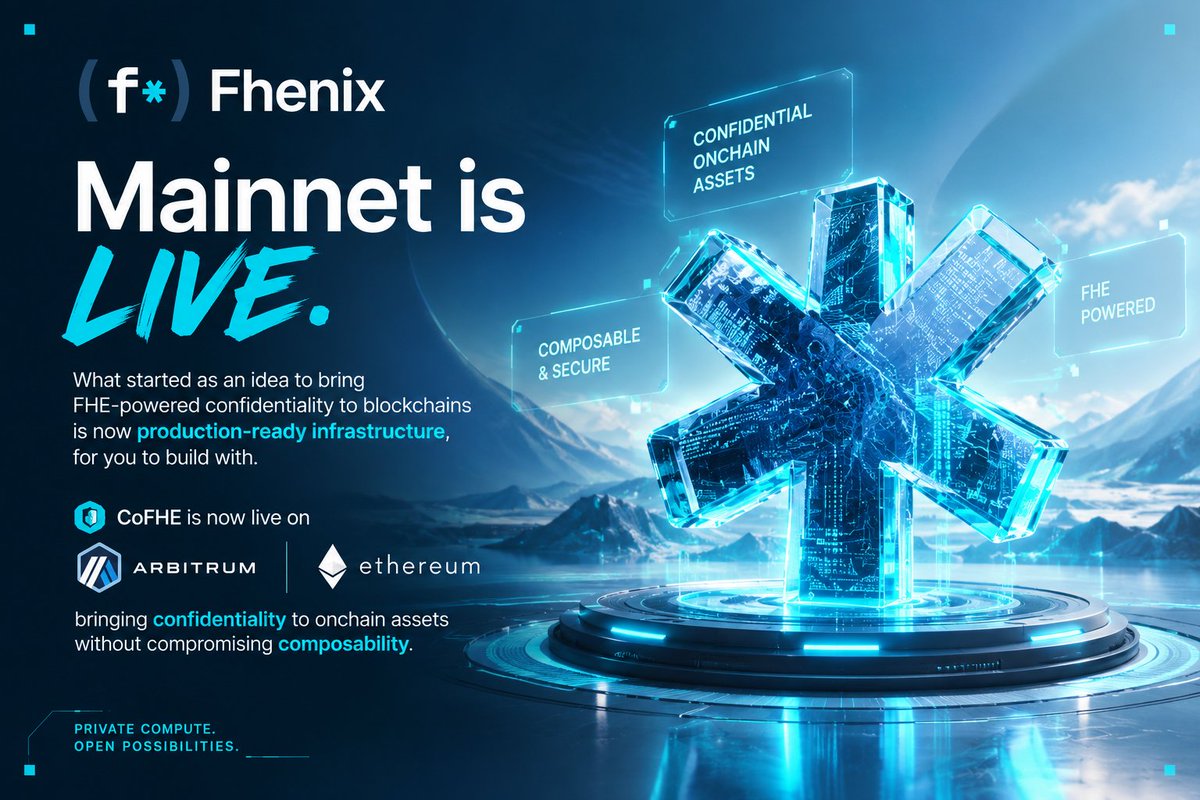 Sumabe94's tweet photo. @fhenix Mainnet is officially live! 

The future of onchain privacy is here. With CoFHE now live on @arbitrum and @ethereum, developers can build confidential applications while preserving composability. A new chapter for secure, private Web3 innovation begins!
@deivonchain https://t.co/QYcjGtB3WY