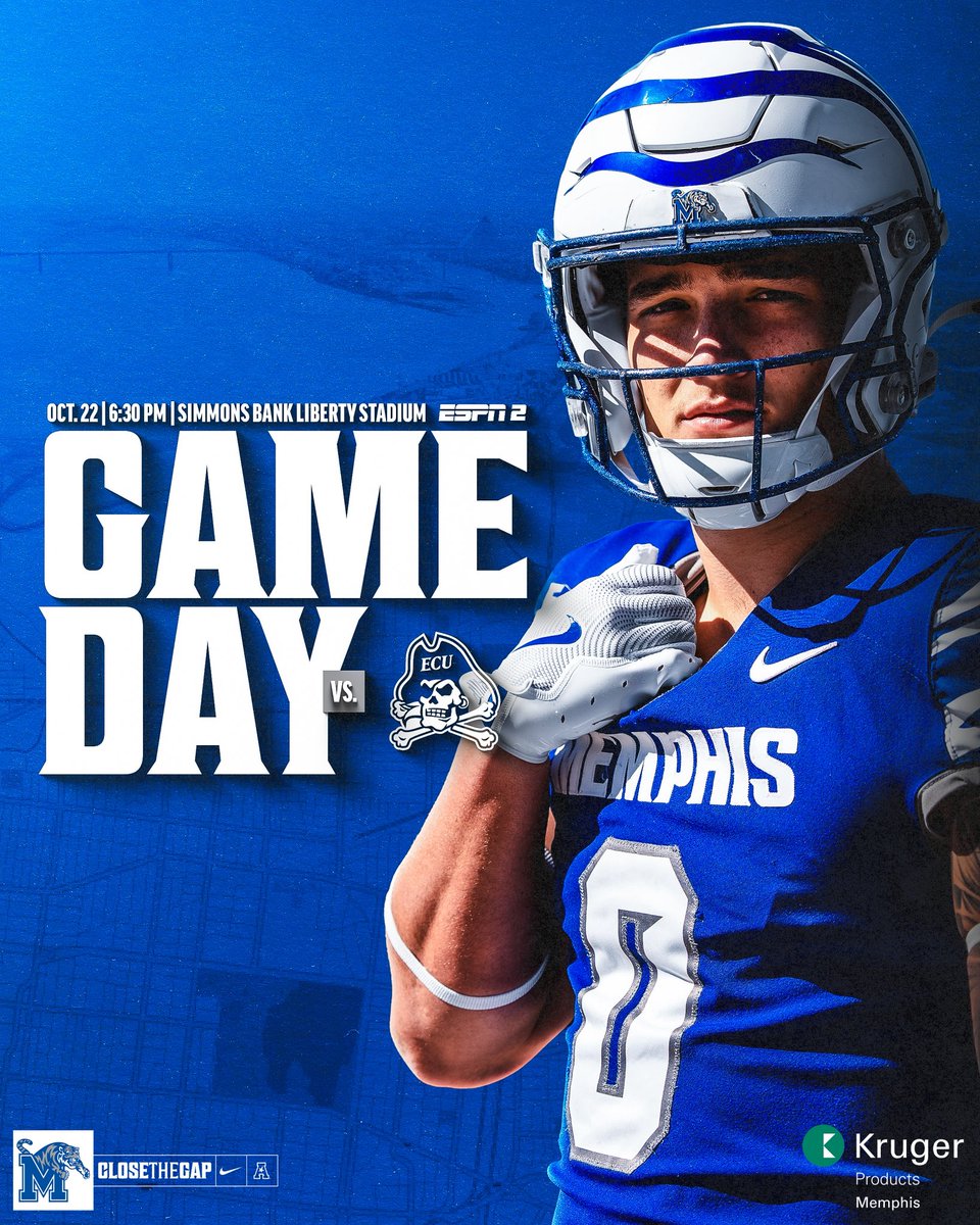 MemphisFB's tweet photo. Set the Standard

🆚| East Carolina
🗓️| Thursday, Oct. 22
⏰| 6:30 PM CT
📍| Simmons Bank Liberty Stadium
📺| ESPN2

#CloseTheGap | Presented by Kruger https://t.co/Lty1nH054u