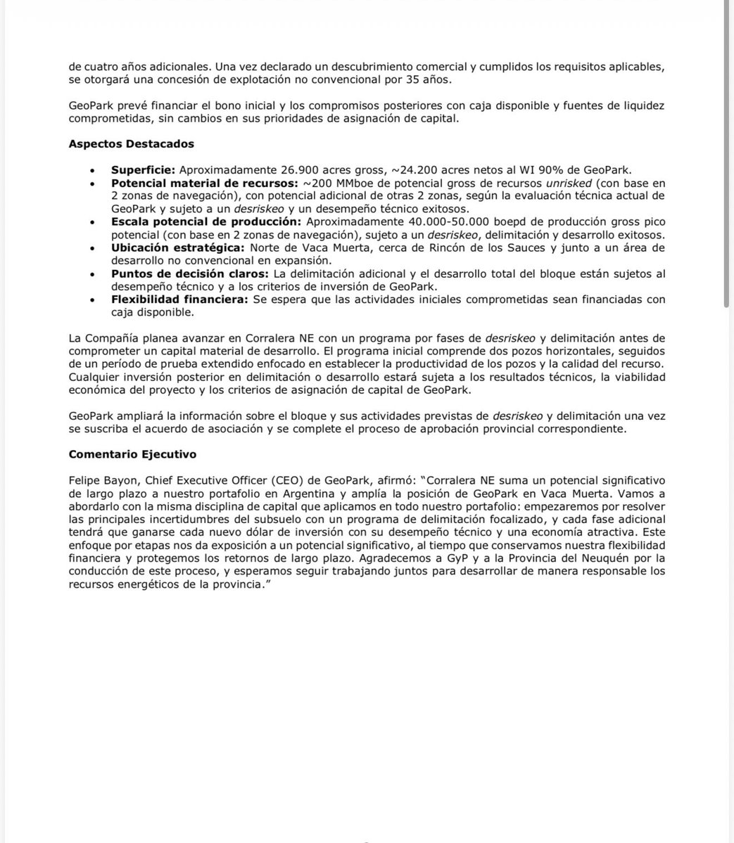 Mauriciotellez's tweet photo. Noticia: GeoPark amplía su presencia en Vaca Muerta, Argentina. 

A los dos bloques donde ya produce más de 5 mil barriles diarios, le sumó hoy uno nuevo exploratorio, Corralera Noreste, que podría llegar a producir más de 40 mil barriles diarios y que está en una zona donde los vecinos extraen 80 mil barriles diarios. 

Más Vaca Muerta, más fracking y más petróleo. 

Buen ejemplo para Colombia. Ya casi.