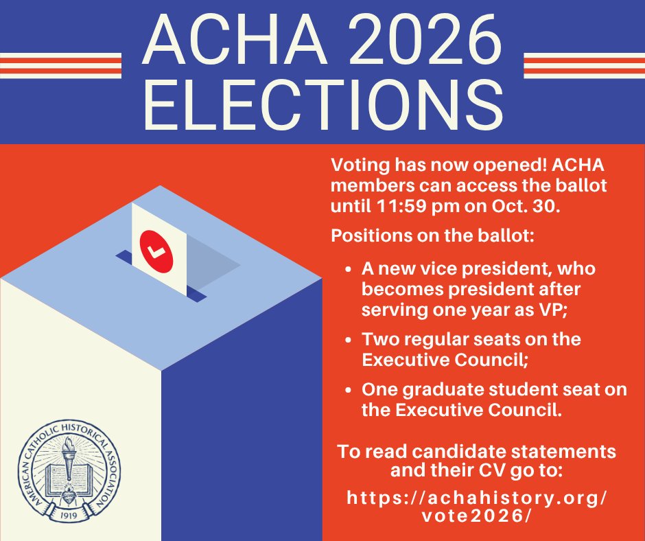 achahistory's tweet photo. ACHA members, your vote helps shape our organization's future leadership! Voting is open until 11:59 PM ET on October 30, 2026. To view candidate statements and CVs, go to https://t.co/TaJpM7Eysc. https://t.co/S2g3Do2u0Y