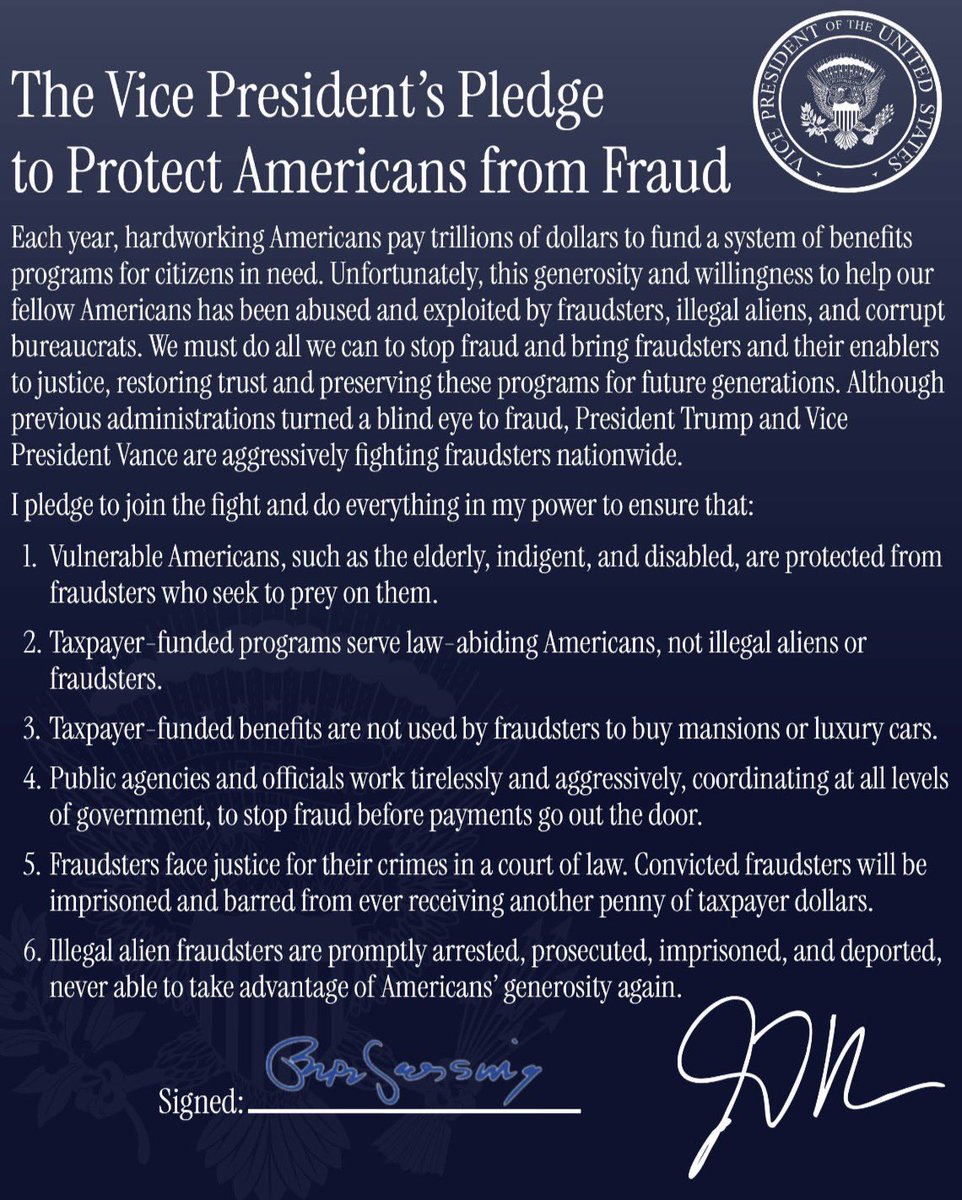 A formal, dark blue document-style graphic with a presidential seal at the top right, a large heading, several paragraphs and a numbered list, and two signatures near the bottom. It presents a pledge about preventing fraud in benefit programs.