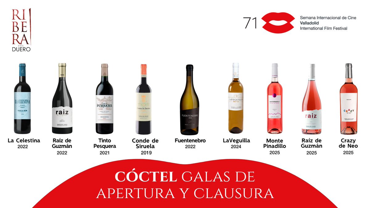 DORibera's tweet photo. Una misma denominación de origen. Muchas formas de entender el vino. 🍷🎬

La selección que acompañará los cócteles de apertura y clausura de la 71.ª Seminci @Seminci_oficial permite descubrir cuánto cabe dentro de Ribera del Duero.

27 vinos en los que conviven la expresión de la fruta de los tintos jóvenes, los matices que desarrollan las crianzas y reservas, los blancos de Albillo Mayor y los rosados. También distintas decisiones en bodega: fermentaciones en acero u hormigón y crianzas en barricas y grandes recipientes de madera, con los que se busca respetar la personalidad de cada elaboración.

Esa diversidad empieza en el viñedo: en sus suelos, orientaciones y altitudes. Y continúa en el trabajo de quienes deciden cómo trasladar cada origen a la copa. La calidad se sostiene en esa atención al detalle y en los controles que debe superar cada vino para llevar nuestra contraetiqueta.

Para quien disfruta de un Ribera, esta selección ofrece una pista: conocer una etiqueta es solo el principio. Hay otros estilos, otras añadas y otras elaboraciones por descubrir.

Las bodegas que lo harán posible en estos encuentros son:

San Cobate · Santiso González · Martín Berdugo @martinberdugo · NEO @BodegasNEO · Monteabellón @Monteabellon · Yllera @bodegasyllera · AVAN @avanribera · El Hacedor · Pinea @PineaWine · AALTO @aalto_winery · Legaris · Avelino Vegas @AvelinoVegas ·  Cantamuda ·  Doble R · Viña Mayor · Nabal @BodegasNabal · Tamaral @BodegasTamaral · Rauda  · Dominio de Atauta · Raíz y Páramo de Guzmán @VinosRaiz · Tinto Pesquera @BodegasFFR · Bodega Santa Eulalia · Señorío de Nava @SenoriodeNava ·  LaVeguilla · San Roque de la Encina–Monte Pinadillo @BodegaSanRoque .

Sus vinos acompañarán el cóctel privado de bienvenida y el de clausura, que tendrá lugar en el Salón de los Espejos del Teatro Calderón.

Descubre la selección y guarda alguna referencia para tu próxima copa.

#riberadelduero #seminci #seminci71