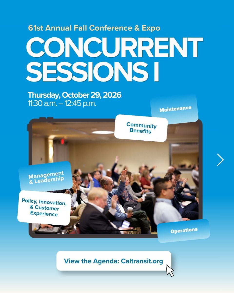 CalTransit's tweet photo. Just one week to go until the Fall Conference!

Join us for Concurrent Sessions I on Thursday, October 29, from 11:30 a.m. to 12:45 p.m., with sessions across five tracks. Choose the topics and conversations that best fit your interests and professional goals.

View the schedule-at-a-glance for more information at: https://t.co/W0WZ1ZDagD