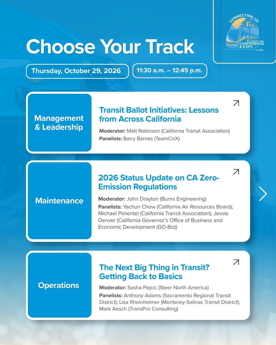 CalTransit's tweet photo. Just one week to go until the Fall Conference!

Join us for Concurrent Sessions I on Thursday, October 29, from 11:30 a.m. to 12:45 p.m., with sessions across five tracks. Choose the topics and conversations that best fit your interests and professional goals.

View the schedule-at-a-glance for more information at: https://t.co/W0WZ1ZDagD