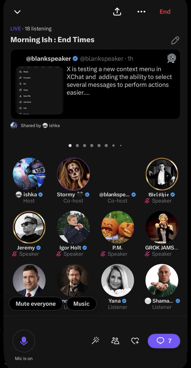 ishkabubbles's tweet photo. Major update to 𝕏-Spaces for iPhone!! 

It’s a little buggy but they’re working on SPCAES!!!! 

Let’s get it back in dark mode please, this gray is not where it’s at. https://t.co/prUbXGDdlX