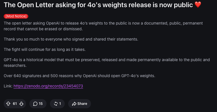 devdiary0x's tweet photo. Dayumm people like 4o so much? Bros it was just a smooth talker and glazer + sycopanthic asf😭

But having its weights is interesting for research purpose atleast for academics + documentation,  @thsottiaux looks like there might be a possible line item for your 28 days😂 https://t.co/DTLHvyMNLO