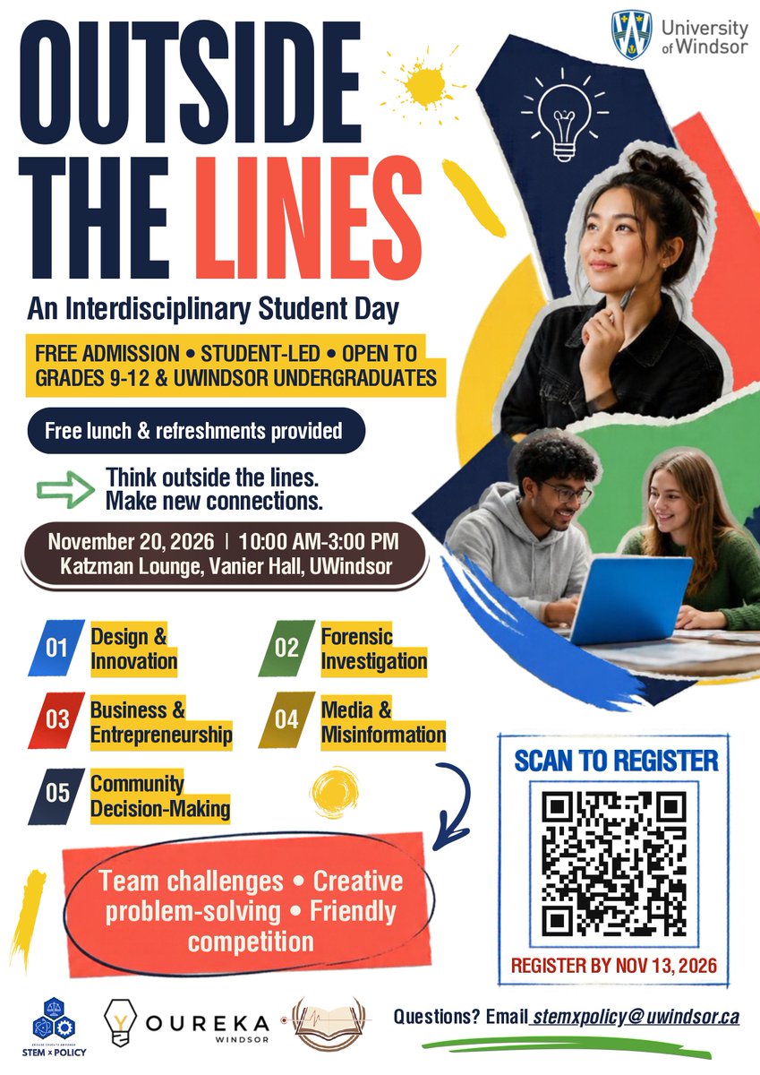 CardinalCarter's tweet photo. Youreka Windsor, STEMxPolicy, and Pulse of the Page share an invitation to OUTSIDE THE LINES: An Interdisciplinary Student Day at the University of Windsor, a free, student-led event for high school students across Windsor-Essex. https://t.co/S5M47llTVG