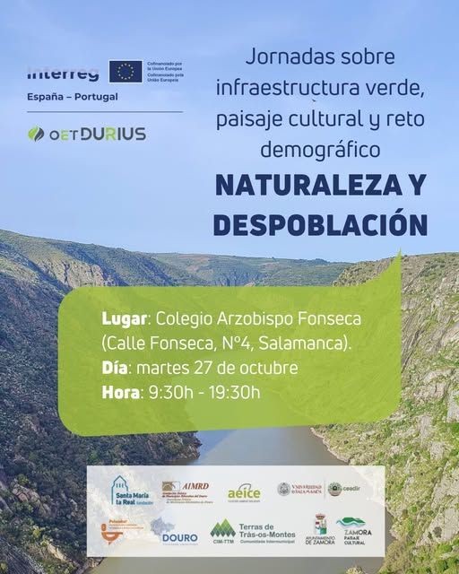 ClusterAeice's tweet photo. ¿Puede la infraestructura verde fijar población en el medio rural? Lo debatimos el 27 de octubre en Salamanca, en la jornada "Naturaleza &amp; Despoblación" del proyecto #OETDURIUS, cofinanciado por @poctep  organizada por @usal. 
Inscríbete👉 https://t.co/zgslmzW5jR https://t.co/6twloSMYHO