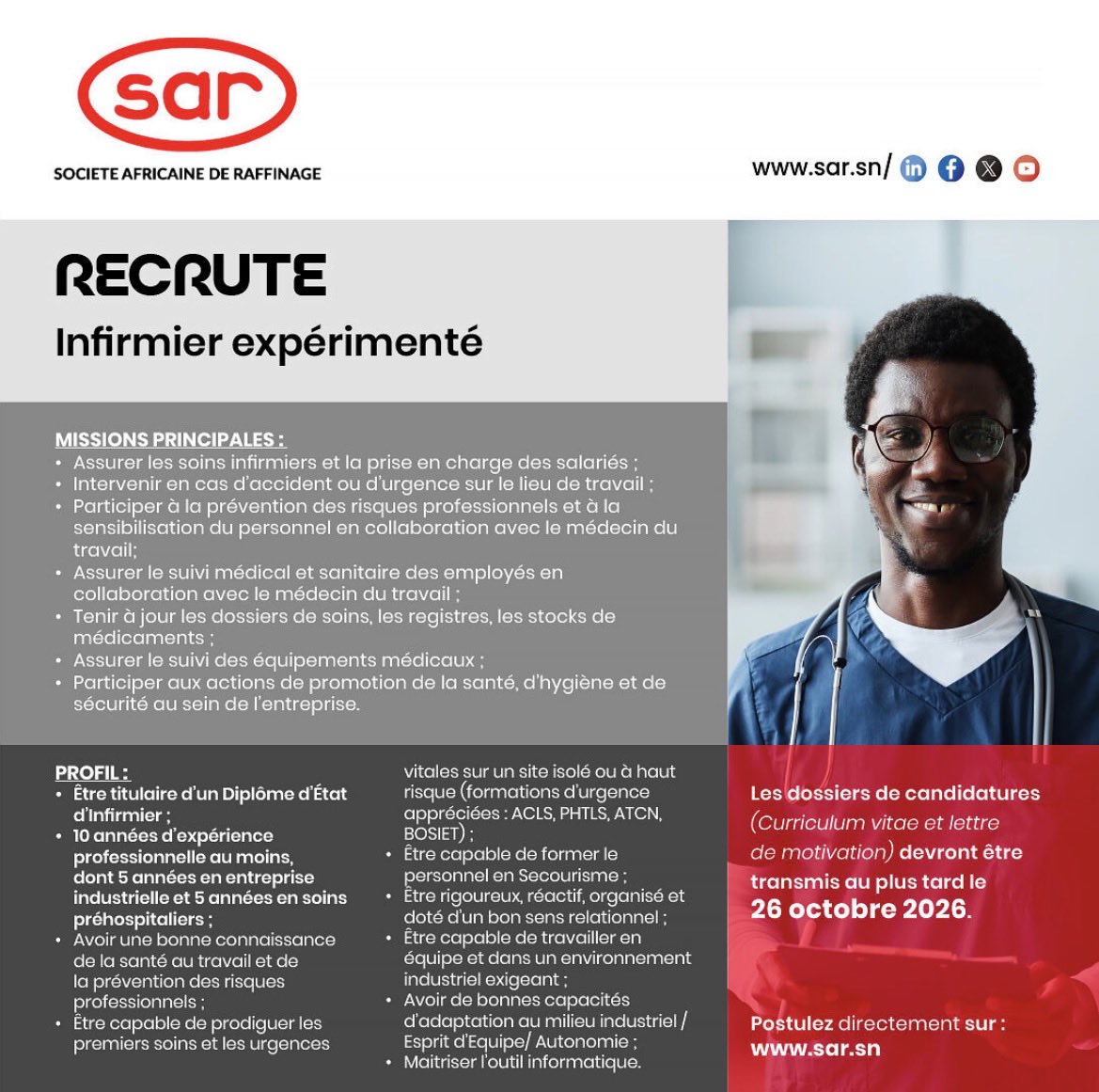 Zalebaate's tweet photo. La SAR recrute !
Dans le cadre de son développement et de la mise en œuvre de son projet de transformation avec SAR 2, la Société Africaine de Raffinage renforce ses équipes et ouvre 5 nouvelles opportunités professionnelles.
Découvrez nos offres d'emploi :
Cadre RH Senior
Infirmier expérimenté
Ingénieur Electromécanique/ Maintenance Génie
Mécanique
Ingénieur Fiabilité et Gestion de pièces critiques
Responsable contrôle des performances et bilan matières.
Vous êtes passionné (e), engagé(e) et souhaitez contribuer aux ambitions de la première raffinerie du Sénégal et à la transformation du secteur énergétique ?
Rejoignez la SAR et participez à la construction de son avenir.
Date limite de candidature : 26 octobre 2026
Postulez ici : https://t.co/fjA09a6syU   

@Noo_IDcard @Nabyleu @Afterpro
