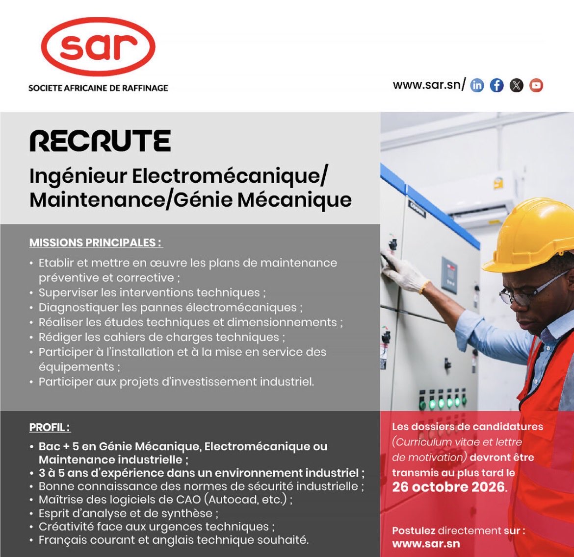 Zalebaate's tweet photo. La SAR recrute !
Dans le cadre de son développement et de la mise en œuvre de son projet de transformation avec SAR 2, la Société Africaine de Raffinage renforce ses équipes et ouvre 5 nouvelles opportunités professionnelles.
Découvrez nos offres d'emploi :
Cadre RH Senior
Infirmier expérimenté
Ingénieur Electromécanique/ Maintenance Génie
Mécanique
Ingénieur Fiabilité et Gestion de pièces critiques
Responsable contrôle des performances et bilan matières.
Vous êtes passionné (e), engagé(e) et souhaitez contribuer aux ambitions de la première raffinerie du Sénégal et à la transformation du secteur énergétique ?
Rejoignez la SAR et participez à la construction de son avenir.
Date limite de candidature : 26 octobre 2026
Postulez ici : https://t.co/fjA09a6syU   

@Noo_IDcard @Nabyleu @Afterpro