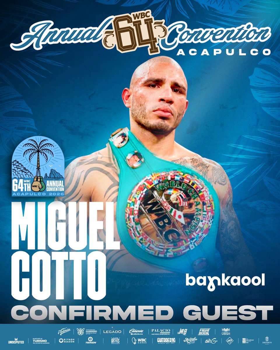 WBCBoxing's tweet photo. Confirmed Guest ✅

Miguel Cotto is coming to Acapulco!
The Puerto Rican legend and former WBC Middleweight World Champion will join us for the 64th Annual WBC Convention, bringing a legacy of unforgettable battles and championship greatness.

See you there! 🇵🇷

#WBCMEXICO2026 https://t.co/BsuWOhcJKI