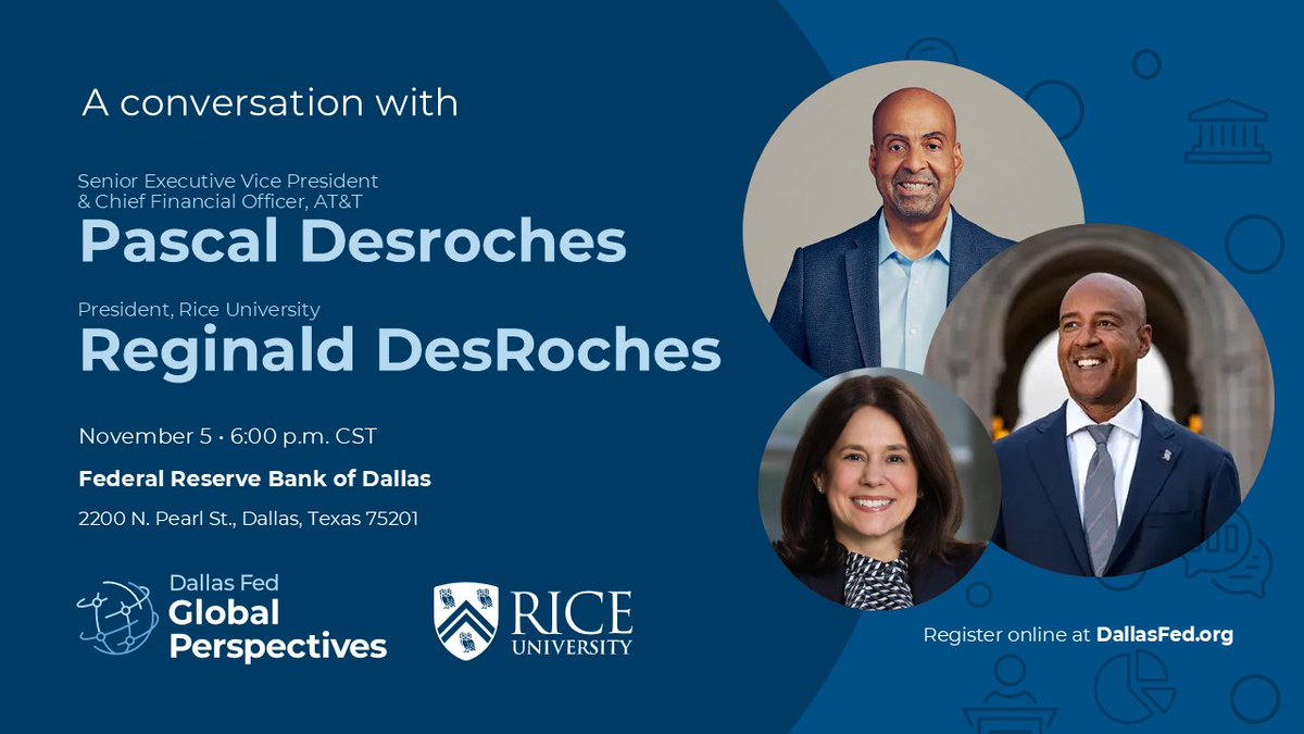 DallasFed's tweet photo. Register for Global Perspectives: AT&amp;T CFO Pascal Desroches and Rice University President Reginald DesRoches join Dallas Fed President Lorie Logan to discuss AI, the future workforce, and the economic outlook. https://t.co/7DPK9rcczU https://t.co/EkaS9oNVAD