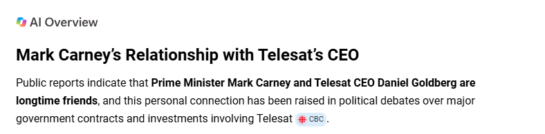 Web3CryptoFan's tweet photo. The truth is it has no effect on Starlink and SpaceX at all... Telesat will just be a customer till 2048 launching its satelites to complete their contract at dialup speeds.

The real reason is Carney needs to bail out his long time friend & Telesat CEO Daniel Goldberg....

Do your research and see what you end up with, Carney is a Banking Investor and uses Canada for him and his buddies.
