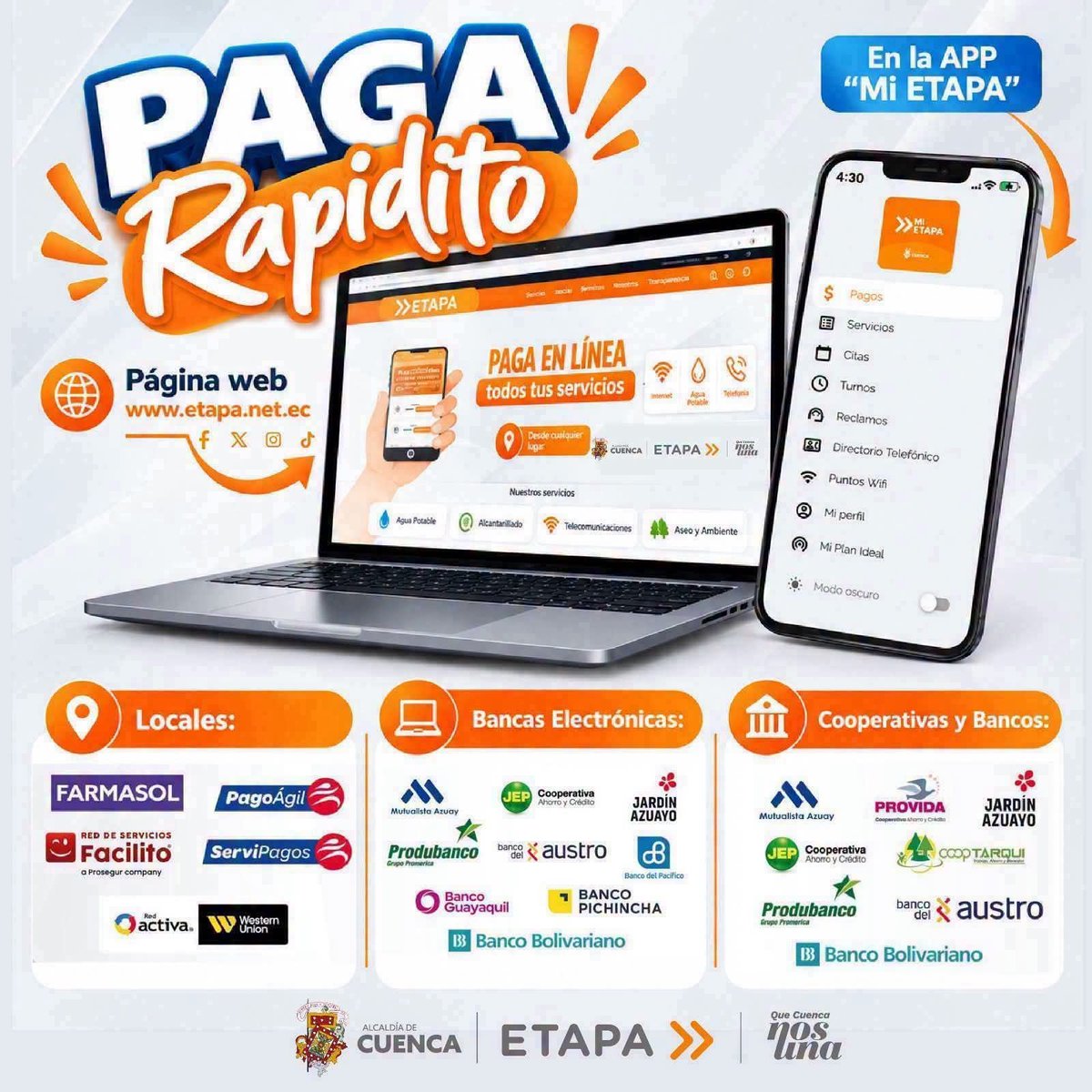 PRENSAVirtual_'s tweet photo. [Ec] #PagosEtapa
¡OPTIMIZA TU TIEMPO!

👉Recuerda que contamos con varios puntos físicos , y métodos virtuales,  para el pago de tus servicios 💧🛜☎️. https://t.co/5dqX00S6v8