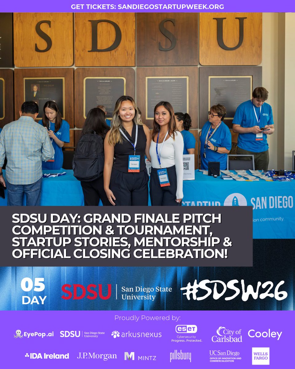 SDStartupWeek's tweet photo. Close out San Diego Startup Week with us on November 6th at the SDSU Parma Payne Goodall Alumni Center! Day 5 of #SDSW2026 is packed with exciting opportunities to connect, learn, and celebrate San Diego’s startup community!

🚀 Get tickets: https://t.co/AWj3uu3yf6 https://t.co/xJjNcz80ib