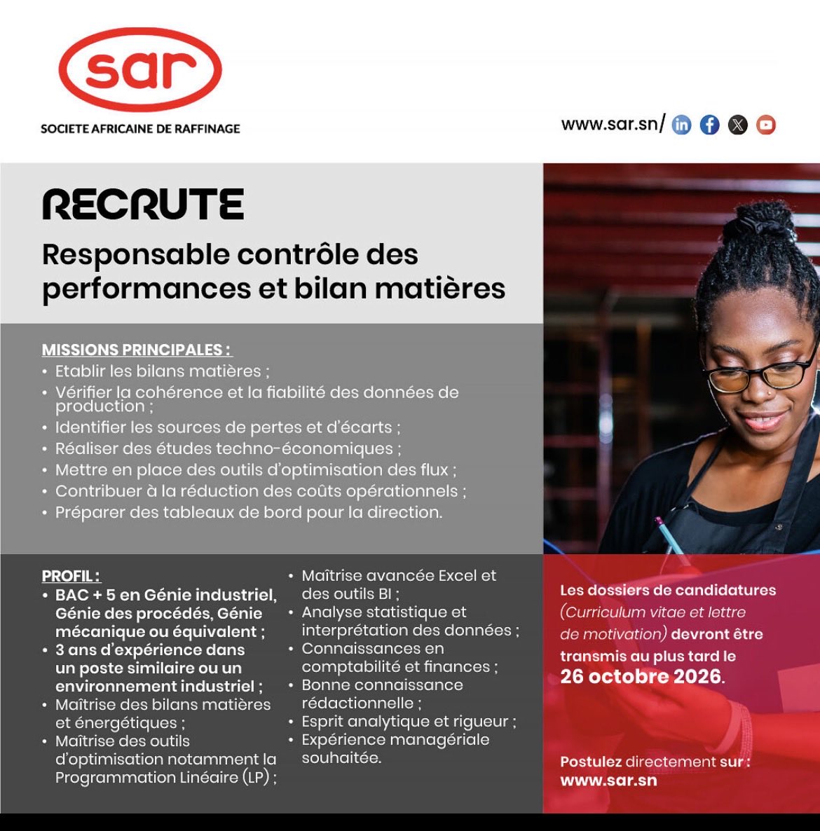 Zalebaate's tweet photo. La SAR recrute !
Dans le cadre de son développement et de la mise en œuvre de son projet de transformation avec SAR 2, la Société Africaine de Raffinage renforce ses équipes et ouvre 5 nouvelles opportunités professionnelles.
Découvrez nos offres d'emploi :
Cadre RH Senior
Infirmier expérimenté
Ingénieur Electromécanique/ Maintenance Génie
Mécanique
Ingénieur Fiabilité et Gestion de pièces critiques
Responsable contrôle des performances et bilan matières.
Vous êtes passionné (e), engagé(e) et souhaitez contribuer aux ambitions de la première raffinerie du Sénégal et à la transformation du secteur énergétique ?
Rejoignez la SAR et participez à la construction de son avenir.
Date limite de candidature : 26 octobre 2026
Postulez ici : https://t.co/fjA09a6syU   

@Noo_IDcard @Nabyleu @Afterpro