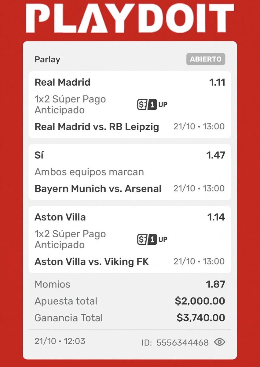_Elirlandes's tweet photo. 🍀 Pick irlandés 🍀

Ayer nos fuimos otra vez 1-1 hoy empezamos con este Pick.

Madrid en casa y los modelos le dan ~68% de ganar. Leipzig ha perdido sus últimos 4 de visitante, así que el Super Pago se ve cómodo.

Bayern-Arsenal: en sus últimos 8 se fueron ambos marcan en 7 y over 2.5 en el 75%. Goles de los dos tiene sentido.

Villa invicta en 14 europeos de local y le metió 6-0 al Fener la jornada pasada. Viking con solo 1 punto.

🍀 ¿Le entras? 🍀

#Champions #RealMadrid #Bayern #Arsenal #AstonVilla #Picks #Apuestas #ElIrlandes #Parlay #AmbosMarcan #SuperPagoAnticipado