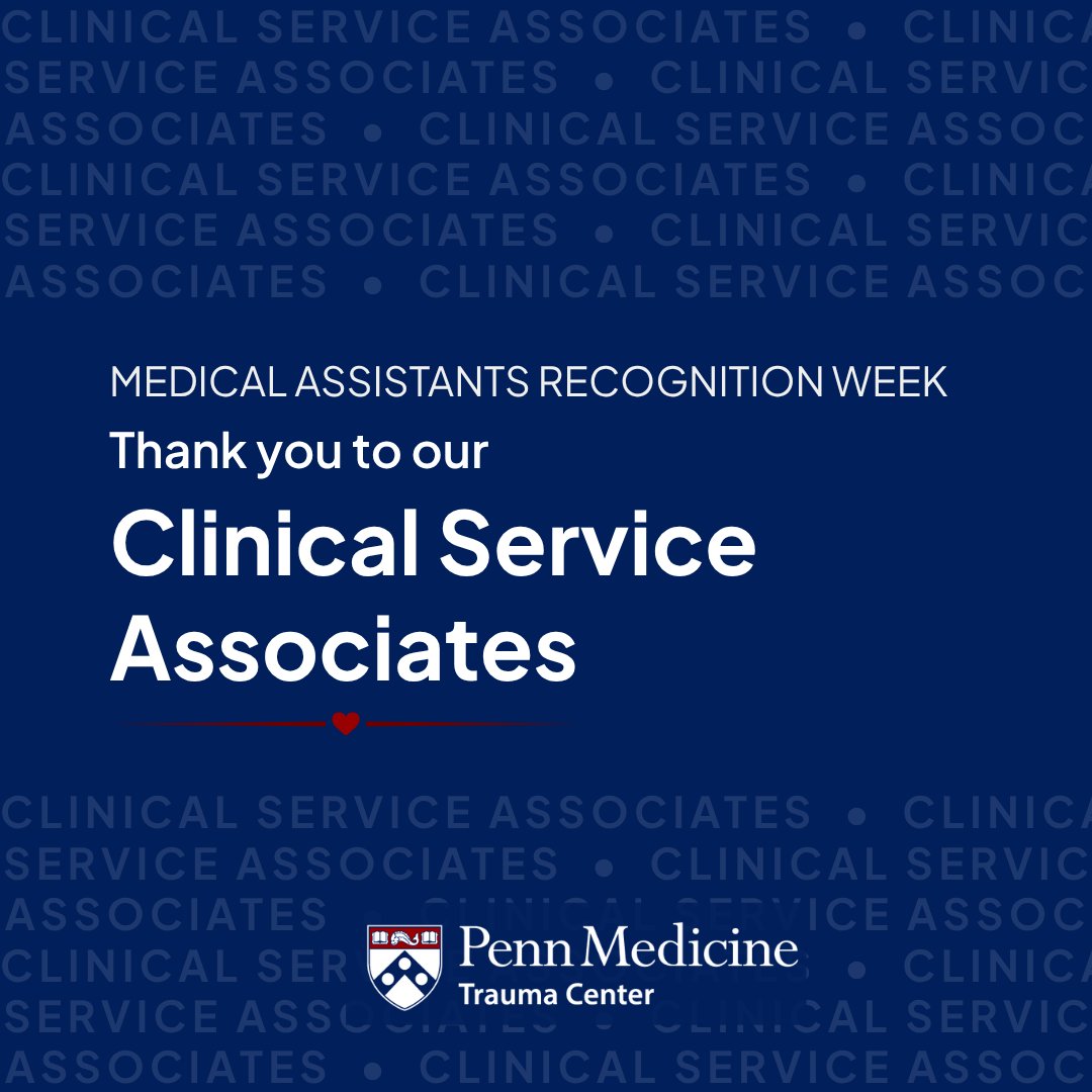PennTrauma's tweet photo. Itβs Medical Assistants Recognition Week. π
Our Clinical Service Associates room patients, take vitals, prep the chart, book the follow-ups, and chase the referrals. For trauma patients, discharge is the middle of recovery, and our CSAs keep it moving.
#MARWeek2026 #PennTrauma https://t.co/5T2z9i8oiE