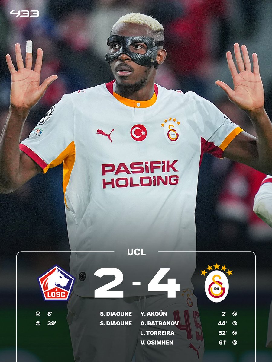 433's tweet photo. Galatasaray beat LOSC, with Victor Osimhen refusing to celebrate against his former team 🙌 https://t.co/BXkQYXPc9w