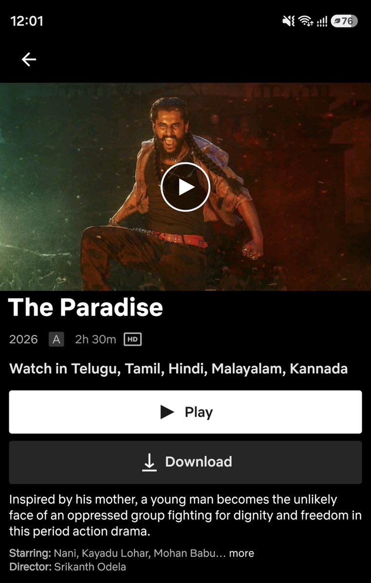 Cinemabanisa_06's tweet photo. Jadal jamana arrived now Small screens

#Paradise Now streaming  in #Netflix 
 Telugu, Hindi,Tamil, Malayalam and Kannada

#Nani #NetflixIndiaSouth 
#TheParadise
#JadalJamana 
@TheParadiseOffl @NameisNani @odela_srikanth https://t.co/vBYhm7AHmf