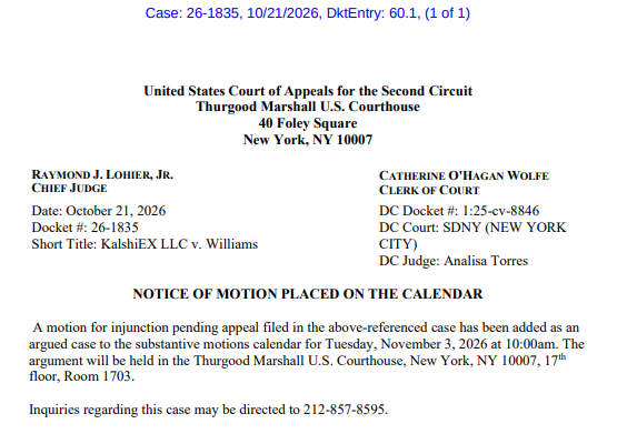 MickBransfield's tweet photo. Second Circuit hearing scheduled for Tues, Nov 3 (Election Day!)  Joint hearing combining 3 appeals:

-Kalshi CT
-Coinbase CT
-Kalshi NY

There *should* be an audio only stream on YouTube, but audio will be available after on circuit court website. https://t.co/bwoOVYoXeM