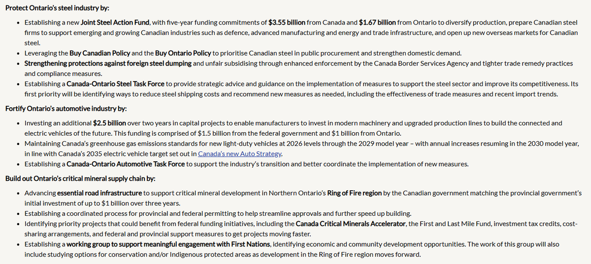 ColinDMello's tweet photo. NEW: The Ford and Carney governments unveill an $8.7b package for the steel, auto and critical mineral sectors. 

$5.2B / five years to help Cdn. steel companies diversify, prepare for new industries incl defence and new overseas markets. 

$2.5B / two years on the auto sector on capital projects and tech to build electric vehicles. 

$1b / three from the federal government on the Ring of Fire. 

#onpoli #cdnpoli