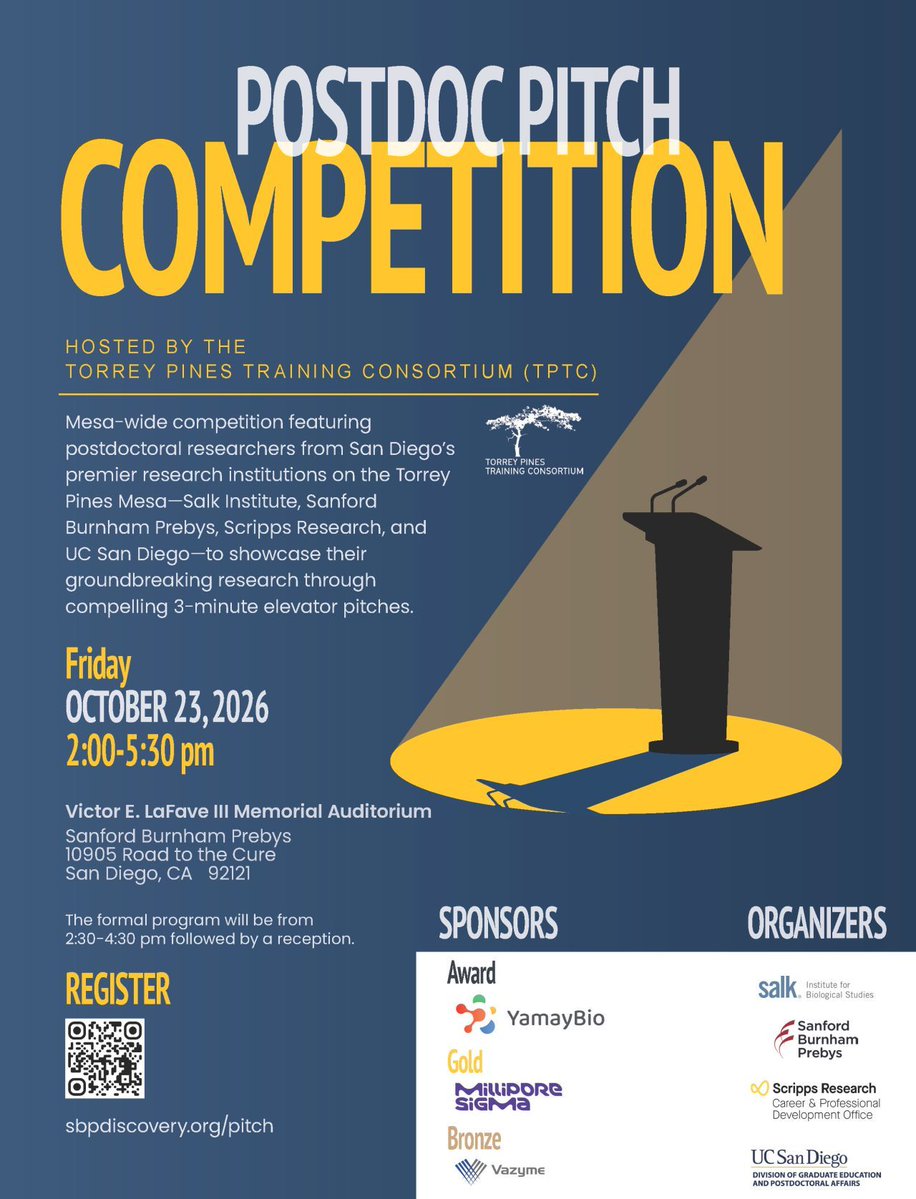 yamaybioinc's tweet photo. 2 DAYS TO GO!
Big ideas. Brilliant minds. 3-minute pitches!
YamayBio is proud to sponsor the awards at the 2026 Postdoc Pitch Competition!
📅 Oct 23 | 2–5:30 PM
📍 Sanford Burnham Prebys, San Diego
#Research #PostdocPitchCompetition #Science #PostdocLife #SciencePitch #LabLife https://t.co/39RP5nSIGj