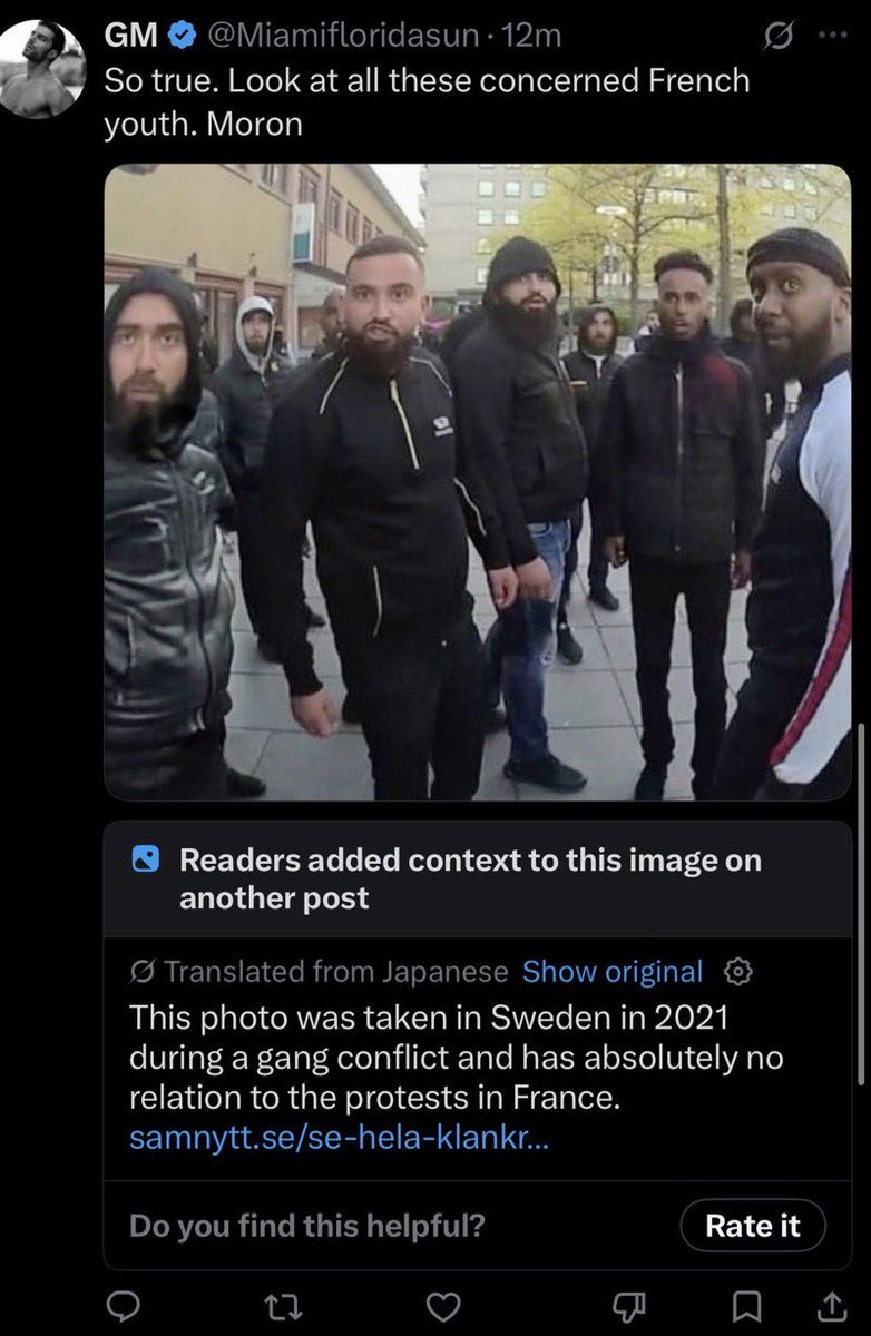 adamemedia's tweet photo. JUST IN: 🇫🇷 Another LIE about the French protests has been exposed. 

You’ve probably seen this picture posted by every fraud and grifter on this app claiming it’s of the French protesters. 

ITS NOT. It’s yet another deception. 

Don’t fall for the fake Zionist psyop trying to turn a class war into a culture war. 

Unfollow those who are doing the bidding of the Epstein class.
