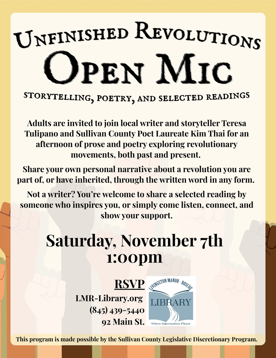 LMR_Library's tweet photo. Join local writer Teresa Tulipano and S.C. Poet Laureate Kim Thai for an afternoon of prose and poetry exploring revolutionary movements. Share your own writing or an inspiring selected reading at the Livingston Manor Branch, at 1:00 p.m. Details and RSVP on our website https://t.co/JJR6QG427w
