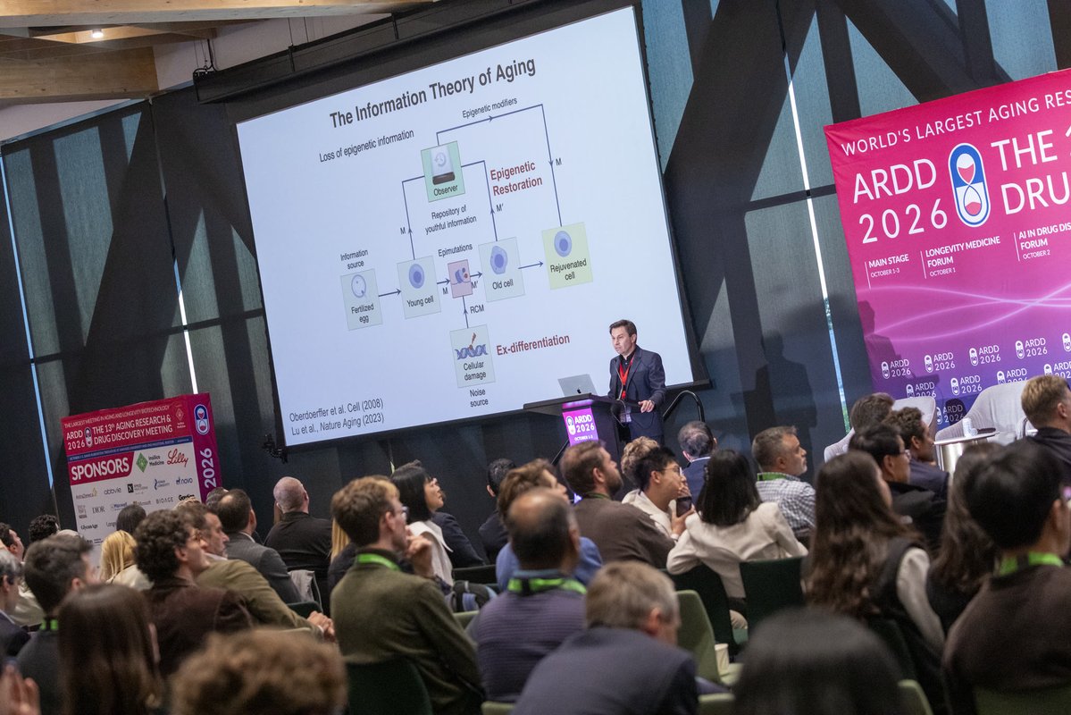 biogerontology's tweet photo. NAD boosting and epigenetic restoration are two levers aimed at the same aging biology. David Sinclair (Harvard Medical School) at #ARDD2026. Photos: https://t.co/vpNtq07ZfU https://t.co/9zexC9CoBp