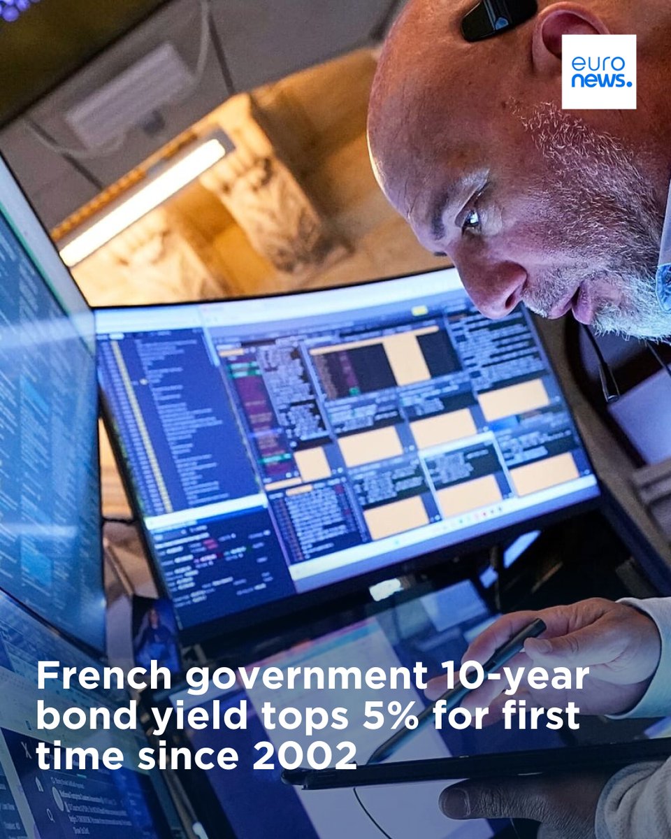 euronews's tweet photo. The yield on the French government's benchmark 10-year bond surpassed 5% on Wednesday as investors demanded a higher return for holding the country's debt.
➡️ https://t.co/9xsmy33l6W https://t.co/DK1PbeNEAT