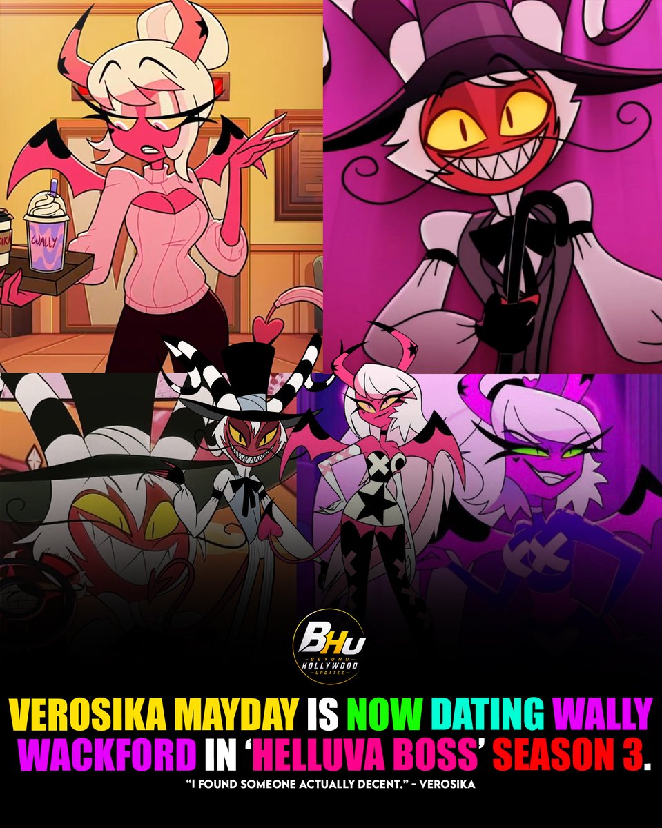 BeyondHUpdate's tweet photo. Helluva Boss has officially made VEROSIKA MAYDAY and WALLY WACKFORD a canon couple during Season 3.

Their relationship is revealed in Season 3, Episode 4 — “A TRIAL OF ERRORS,” which premiered on October 21, 2026 on Prime Video.

Verosika also talks about finally finding someone better following her disastrous past relationship with Blitzø, saying:
“I found someone actually decent.”
#HelluvaBoss #VerosikaMayday #WallyWackford