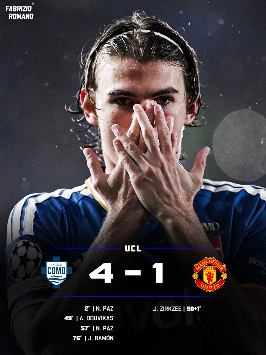 FabrizioRomano's tweet photo. 💙🤍💥 Como make it four against Manchester United!

Nico Páz &amp; co show, another defeat for the Red Devils.

Who’s been your Man of the Match? https://t.co/pa8ar3LKPN