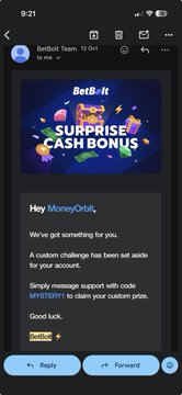 Con_Alert's tweet photo. Warning: Avoid @betbolt — they're scammers in my experience.

Yes, gambling is designed for players to lose, but this is truly unacceptable. I received a mystery bonus offer by email, and when I contacted support to claim it, they said it was 25% lossback on my next deposit. https://t.co/uxBMbeY5XM