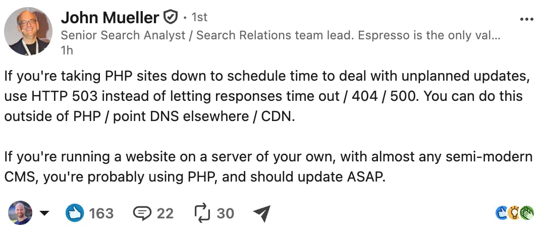 SEO_Suedwest's tweet photo. Google recommends sending HTTP status 503 when taking your website offline because of the current PHP CVEs.

https://t.co/zWZNHpRp5v https://t.co/Fm8nuNAaQp