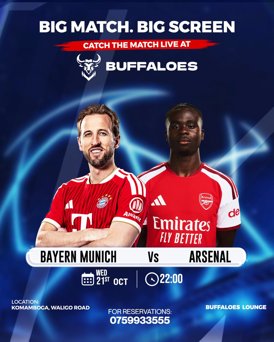 BuffaloesLounge's tweet photo. BIG MATCH. BIG SCREEN. 

Football is better together.  Watch Bayern Munich vs Arsenal live on the big screen at Buffaloes Lounge! Bring your crew and cheer every moment with fellow football fans. 🍻

#BuffaloesLounge #BayernMunich #Arsenal #ChampionsLeague #BigScreenFootball https://t.co/fT99vcu8Pv