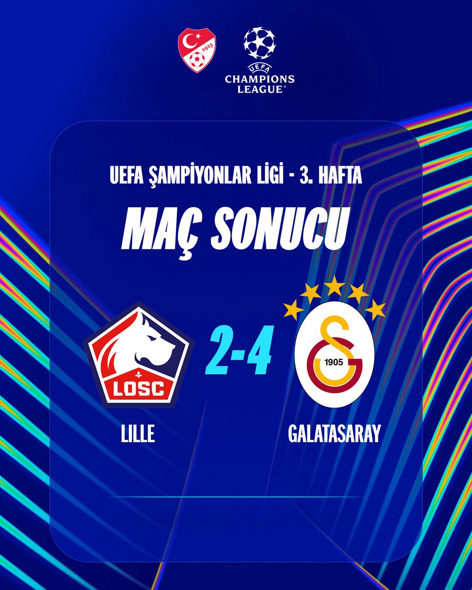 TFF_Org's tweet photo. UEFA Şampiyonlar Ligi'nde lig aşamasının üçüncü maçında Fransa ekibi Lille ile karşı karşıya gelen temsilcimiz Galatasaray, rakibini 4-2 mağlup etti.

Temsilcimiz Galatasaray’ı tebrik eder, lig aşamasının dördüncü karşılaşması olan Stuttgart maçında başarılar dileriz. https://t.co/rdqfFLWKPT