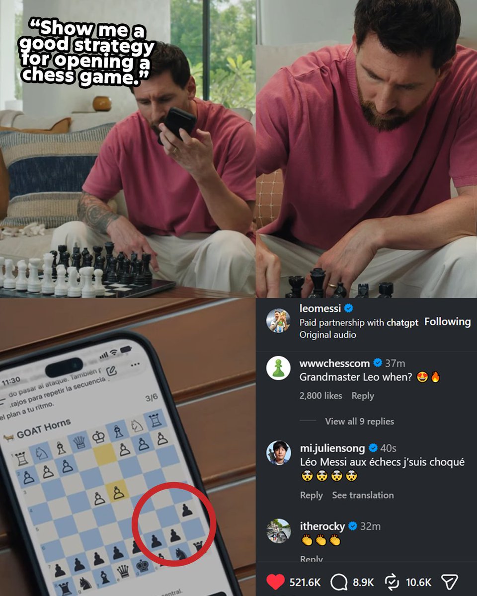 chesscom's tweet photo. They had Messi playing WHAT first move?!?! 😭🐐 https://t.co/h076jmXqny