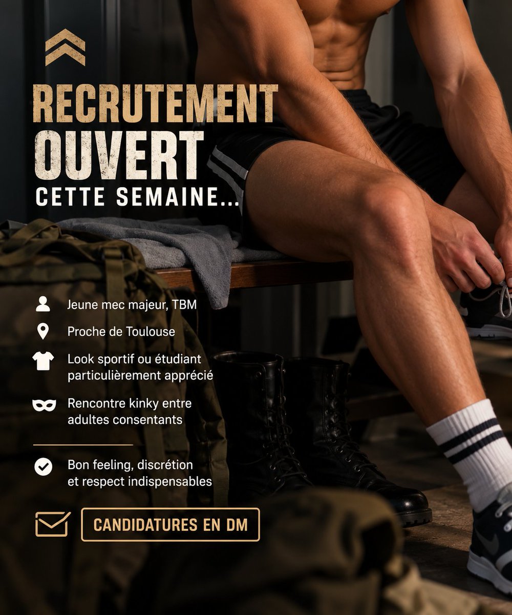 BossAlpha2's tweet photo. 🪖 Recrutement ouvert cette semaine…

@BossAlpha2 cherche jeune mec, TBM, pour rencontre kinky proche de Toulouse. 😈

Look sportif ou étudiant apprécié.

Feeling, discrétion et respect indispensables.

Candidatures en DM. Avec photo 🔥

#GayToulouse #GayDom #GayKink https://t.co/0azrszNmmA