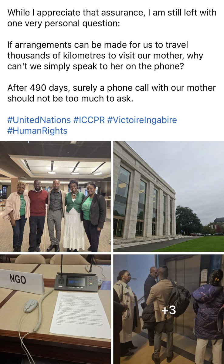 TEAMINKINGI's tweet photo. 🇷🇼 THE RWANDAN GOVERNMENT MUST EXPLAIN WHY JUSTICE AND HUMAN RIGHTS CONTINUE TO BE A CONCERN!

A statement by #RémyAmahirwa, the son of @VictoireUmuhoza , following three days in #Geneva, Switzerland, raises a critical question that deserves serious attention: Are human rights and political freedoms being adequately respected in Rwanda?

Rémy says he raised concerns before the United Nations regarding his mother’s imprisonment, freedom of expression, political participation, and the right to a fair trial.

Even more concerning, according to his statement, the United Nations Working Group on Arbitrary Detention had already found his mother’s detention to be arbitrary and in violation of international law, calling for her immediate release.

How can a country claim to uphold the rule of law while serious concerns about the detention of a political figure remain unresolved?

The Rwandan government must address these concerns transparently and demonstrate its commitment to justice, fundamental freedoms, and the protection of human rights.

Freedom of expression, political participation, and the right to a fair trial are not privileges granted by governments. They are fundamental rights that must be respected and protected.

🇷🇼 RELEASE VICTOIRE INGABIRE UMUHOZA!

Justice must prevail. Human rights must be respected. No one should be imprisoned unjustly for their political beliefs or peaceful expression.

#FreeVictoireIngabire  #Justice #Democracy #Rwanda . 

@hrw @UN_HRC @amnesty @AmnestyEARO @HRF .
